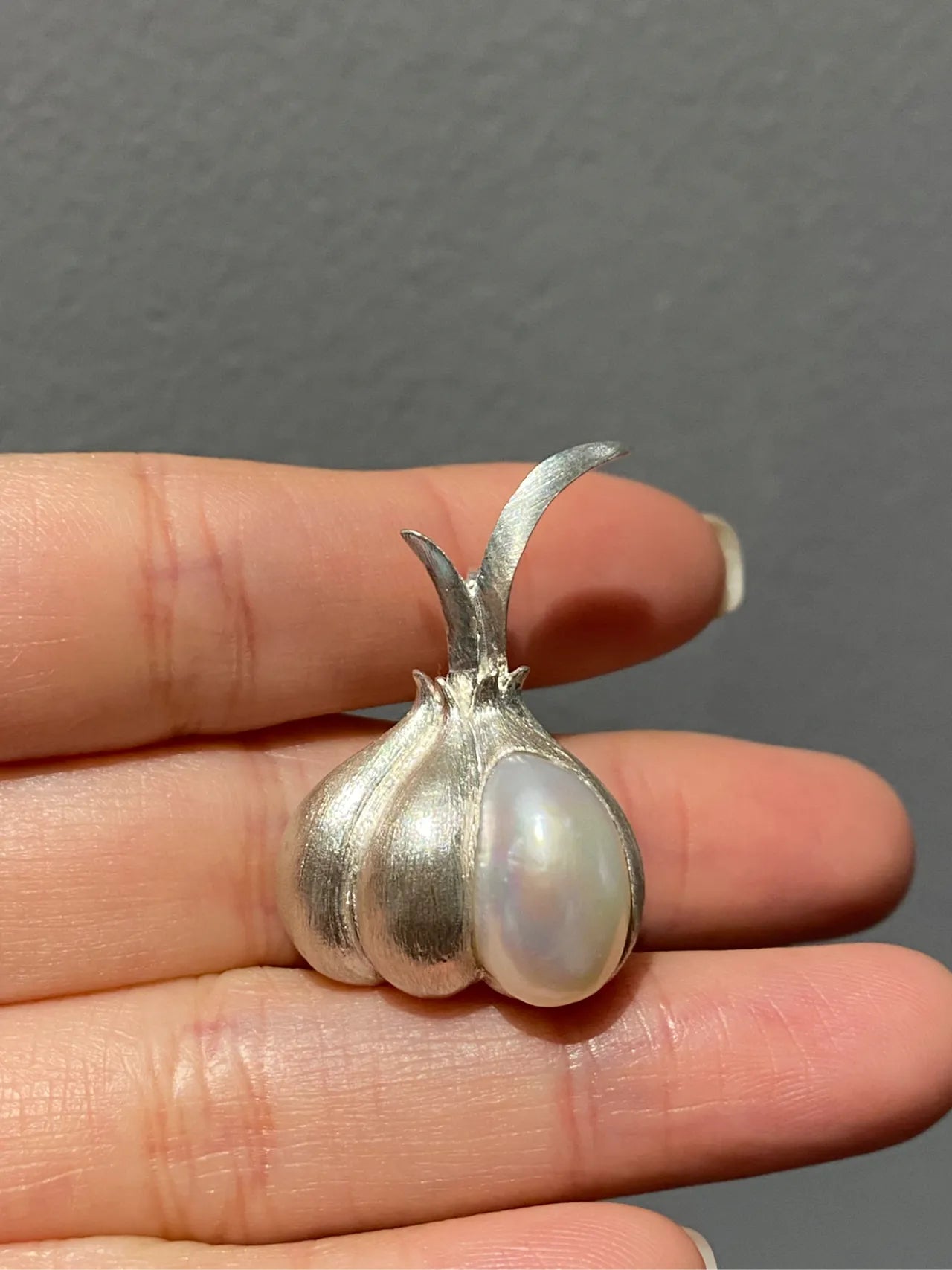 Sterling Silver White Freshwater Baroque Pearl Garlic Brooch, Pendant(one of a kind piece in the world)