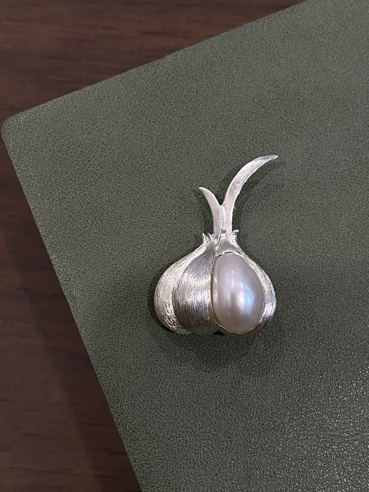 Sterling Silver White Freshwater Baroque Pearl Garlic Brooch, Pendant(one of a kind piece in the world)