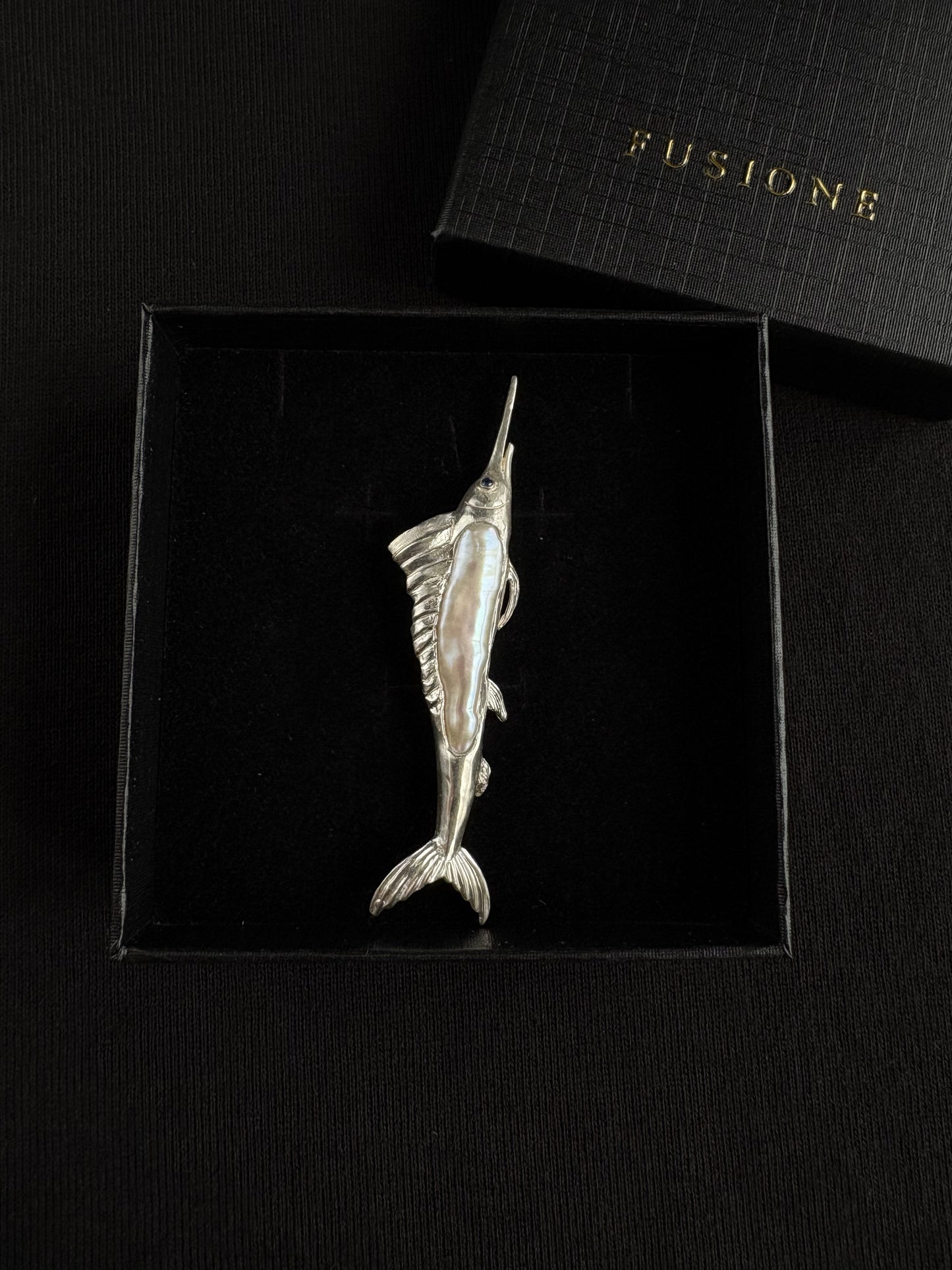 S925 Silver White Baroque Pearl Sri Lankan Sapphire Sailfish Brooch, Pendant