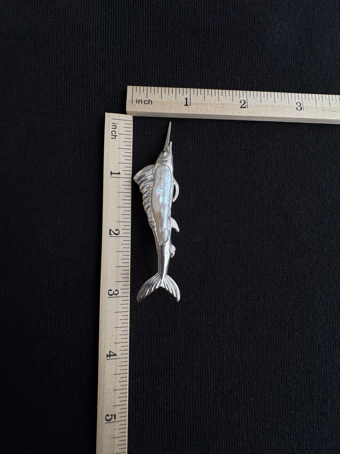 S925 Silver White Baroque Pearl Sri Lankan Sapphire Sailfish Brooch, Pendant