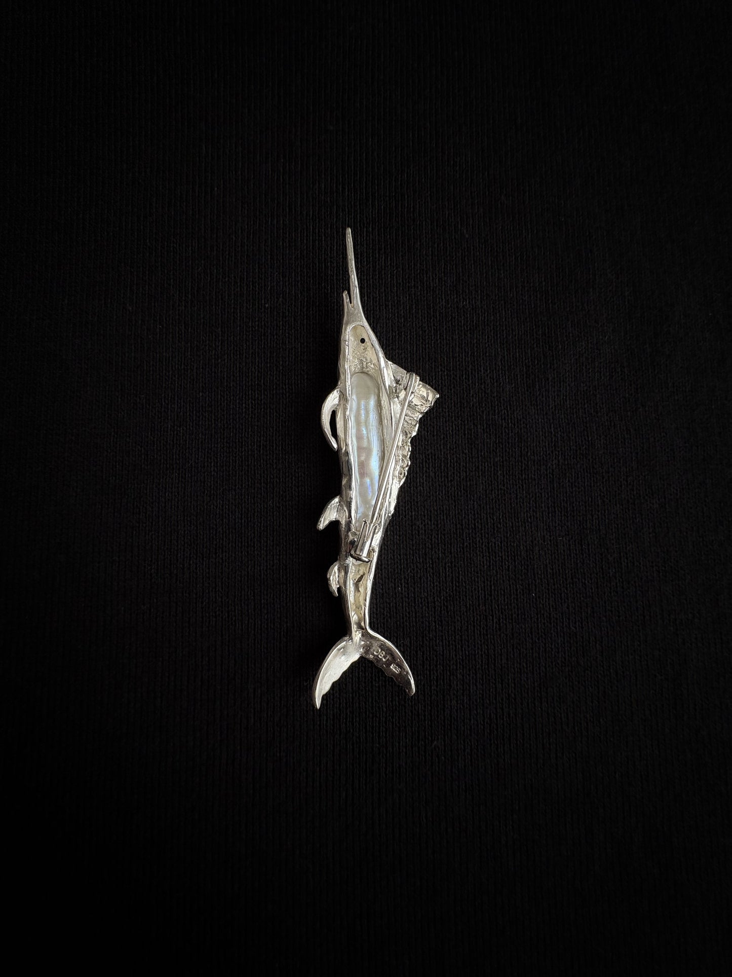 S925 Silver White Baroque Pearl Sri Lankan Sapphire Sailfish Brooch, Pendant