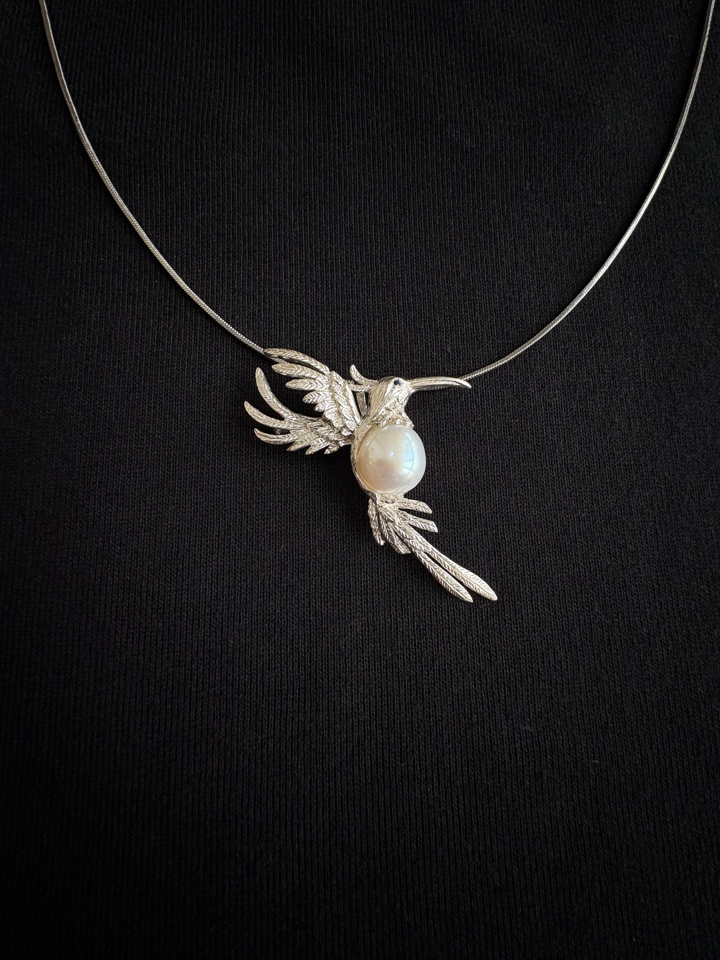 S925 Silver White Freshwater Pearl Sri Lankan Sapphire hummingbird Brooch, Pendant