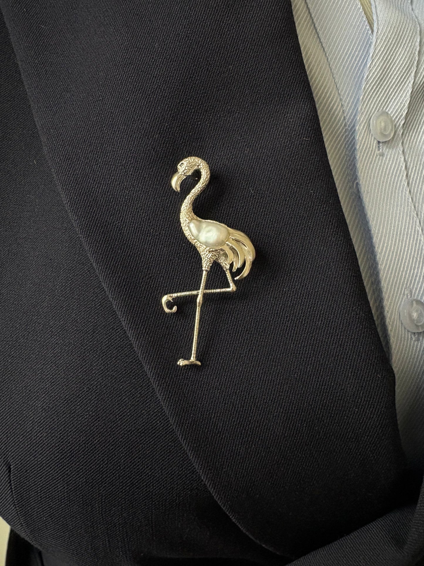 Sterling Silver White Baroque Pearl Sri Lankan Sapphire Flamingo Brooch, Pendant