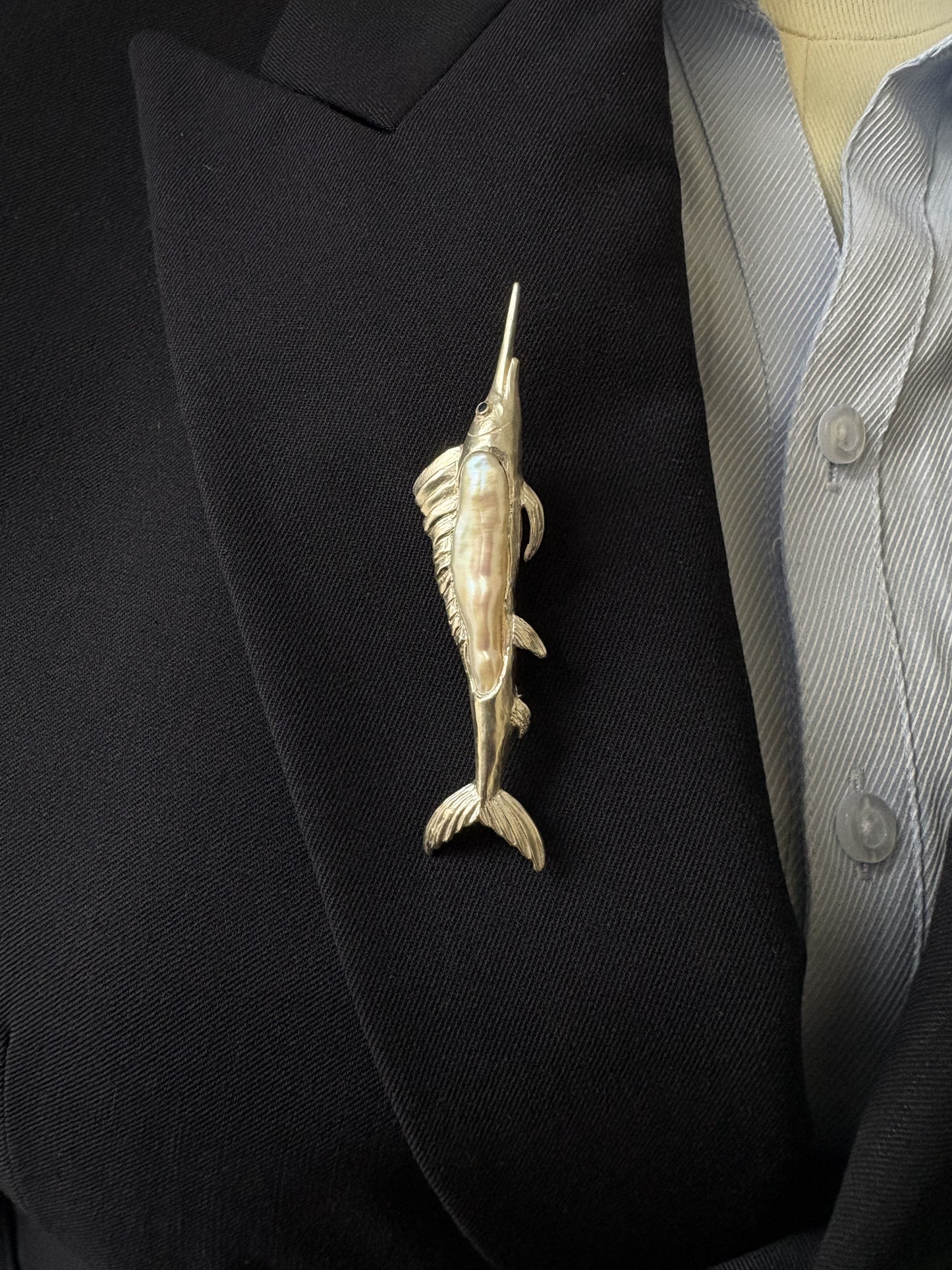 S925 Silver White Baroque Pearl Sri Lankan Sapphire Sailfish Brooch, Pendant