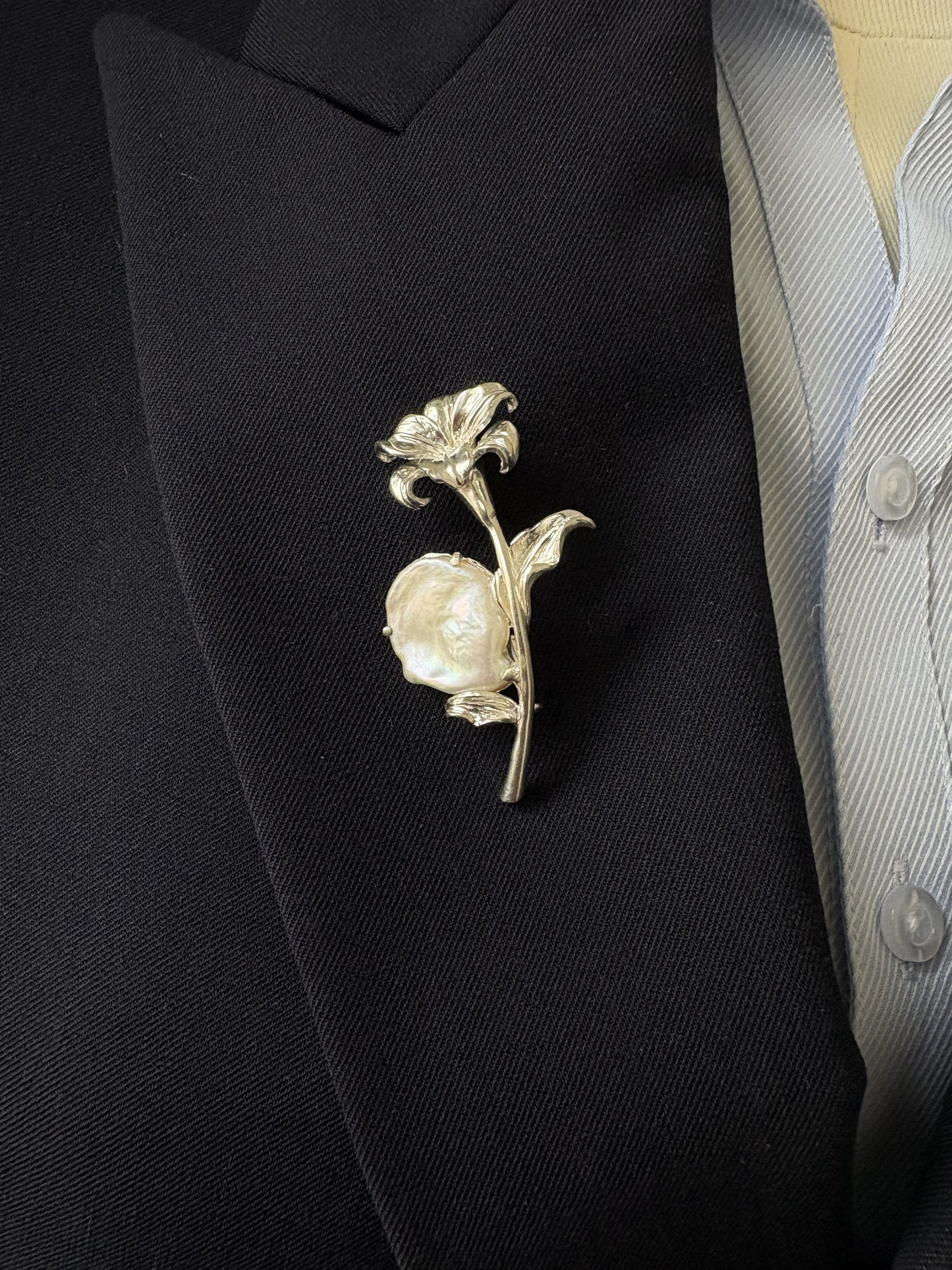 S925 Silver White Baroque Pearl Lily Flower Brooch, Pendant