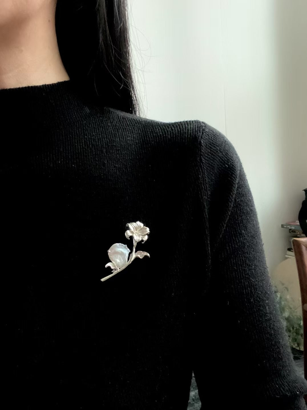 S925 Silver White Baroque Pearl Lily Flower Brooch, Pendant