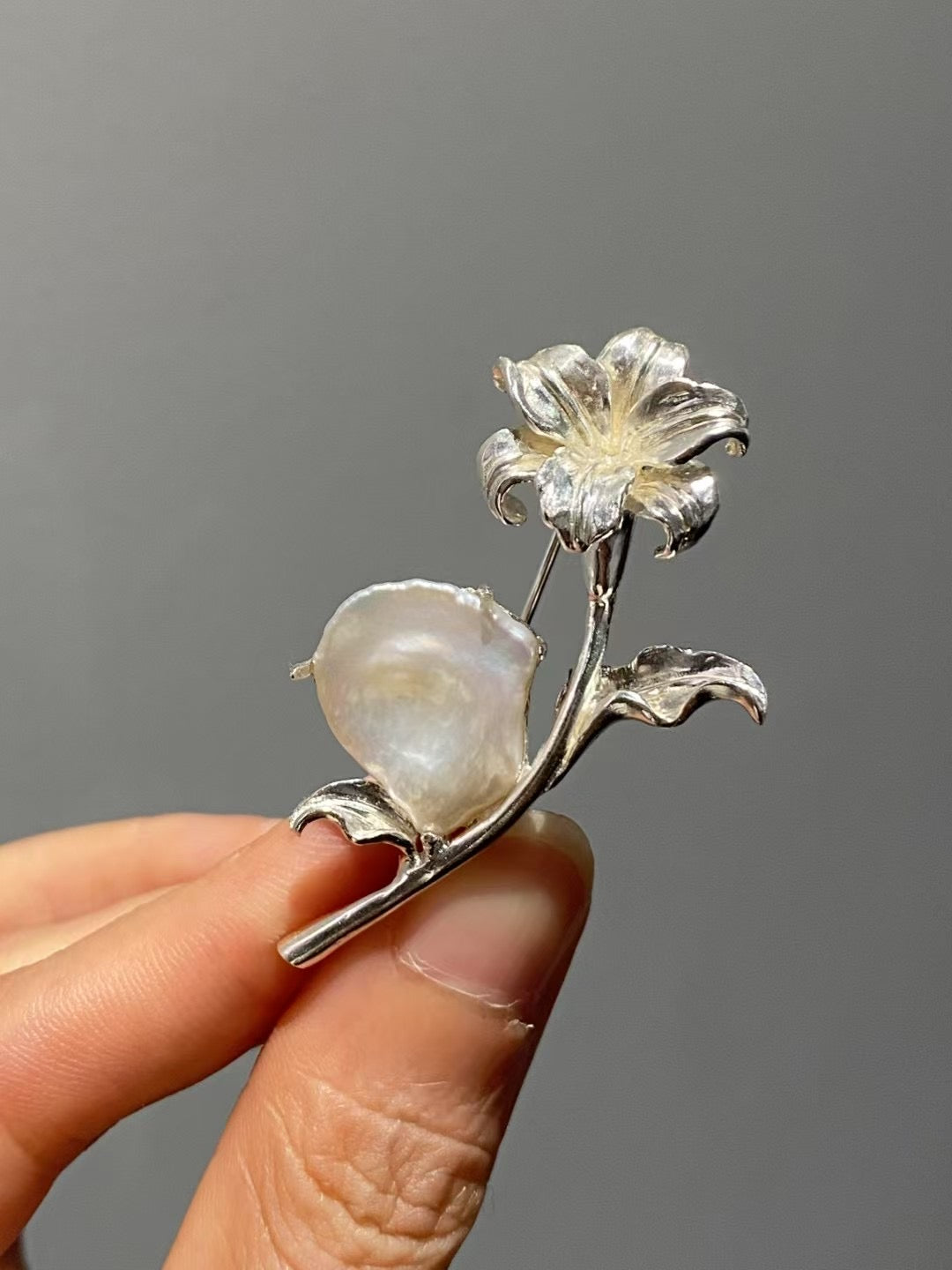 S925 Silver White Baroque Pearl Lily Flower Brooch, Pendant
