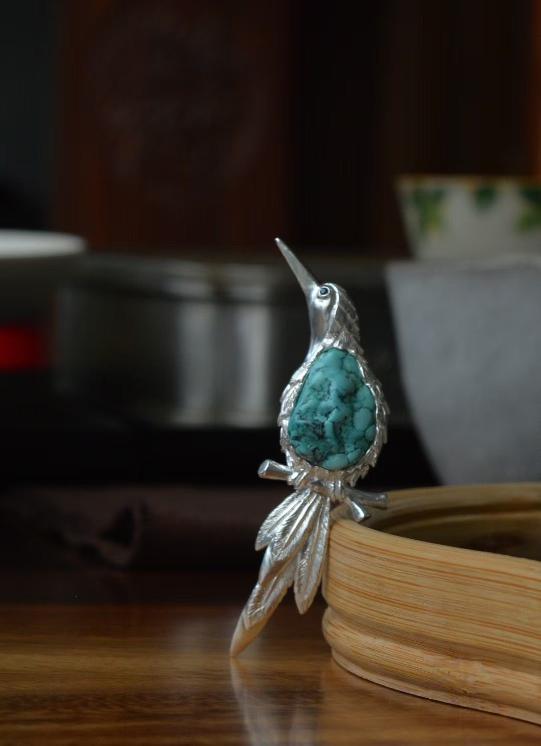S925 Silver Natural Turquoise Sri Lankan Sapphire Bird Brooch, Pendant