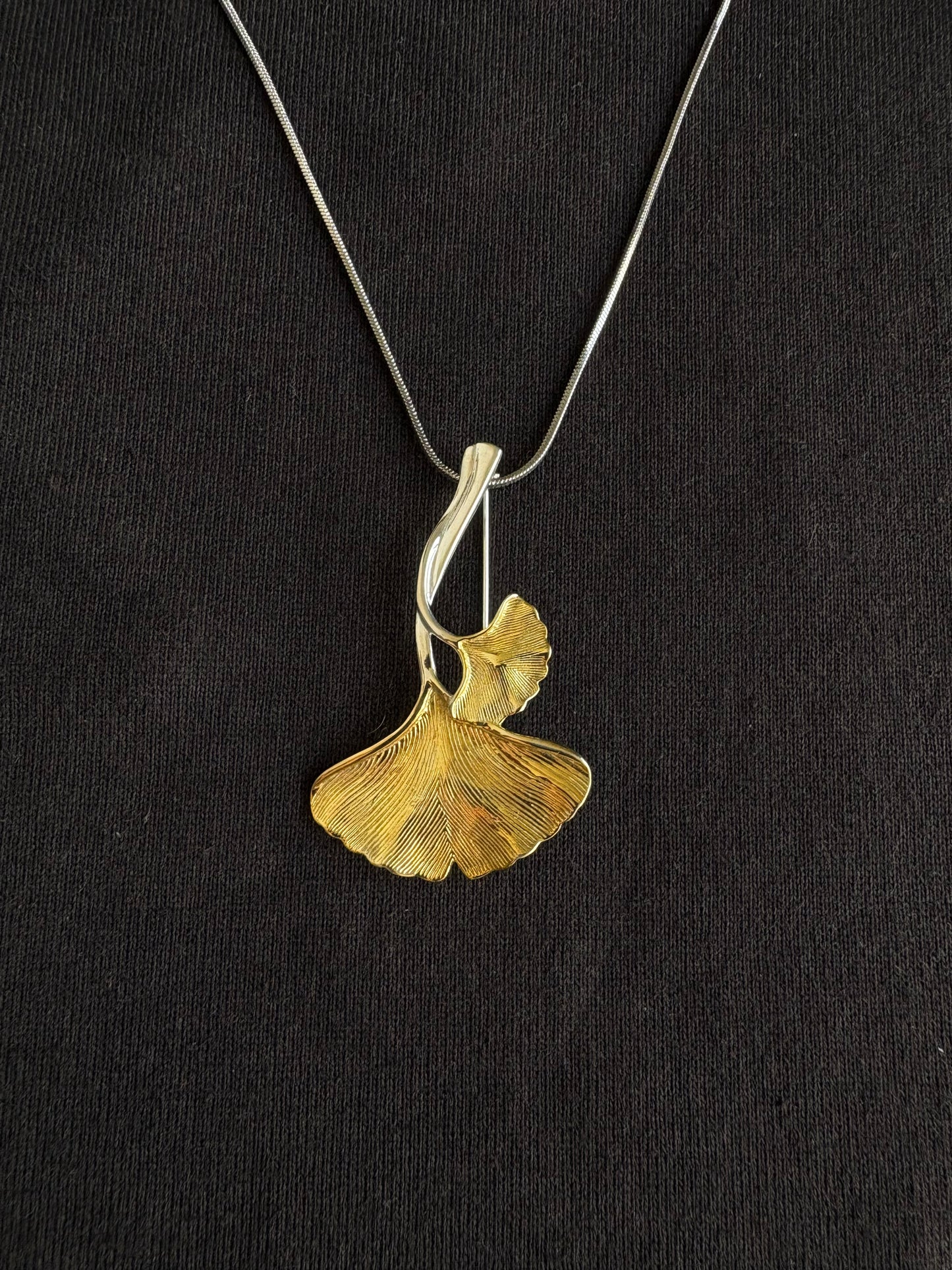 Pure Silver plated gold ginkgo brooch pendant