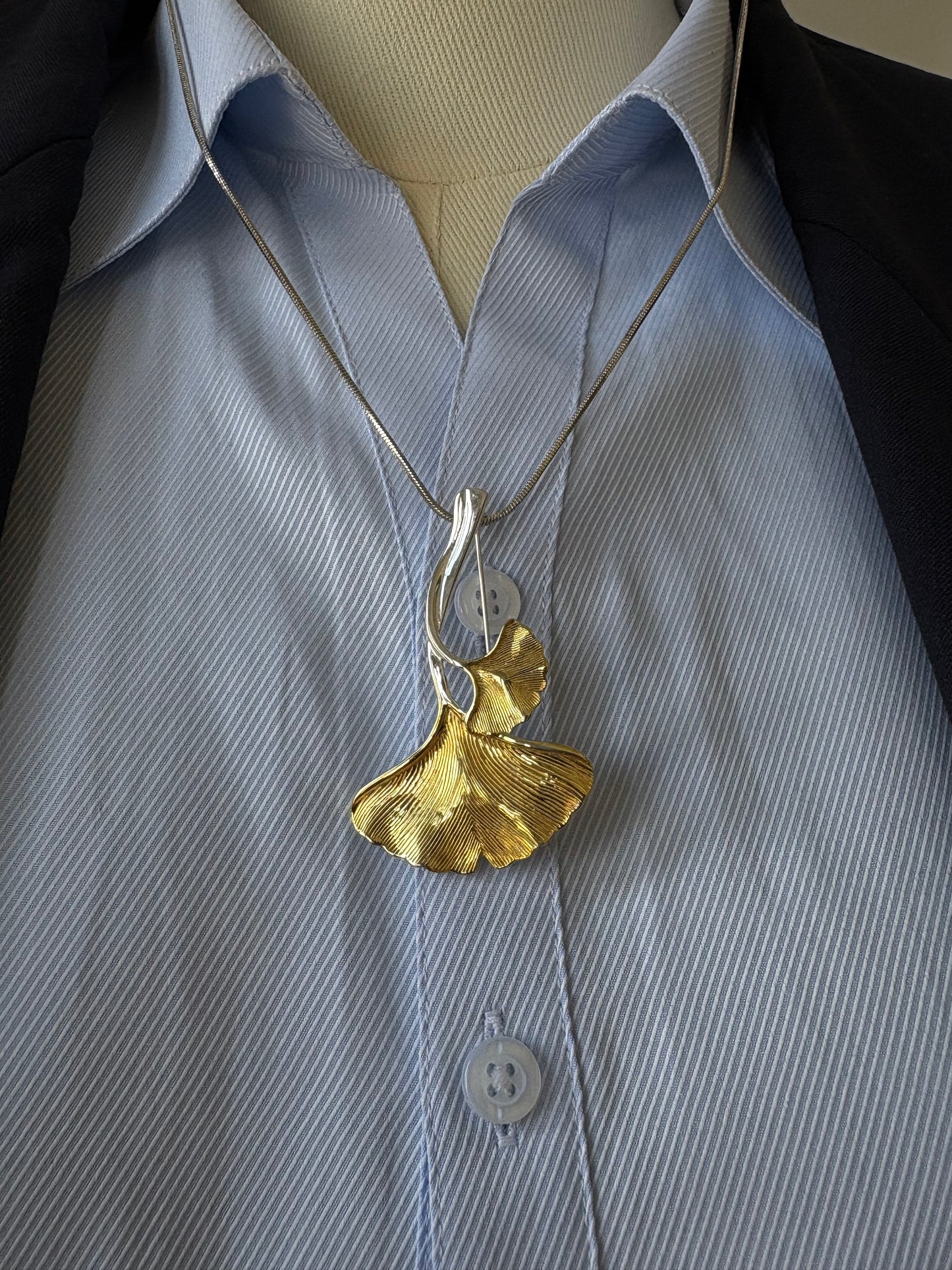 Pure Silver plated gold ginkgo brooch pendant