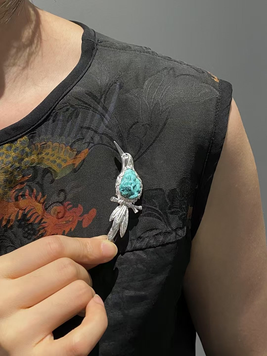 S925 Silver Natural Turquoise Sri Lankan Sapphire Bird Brooch, Pendant