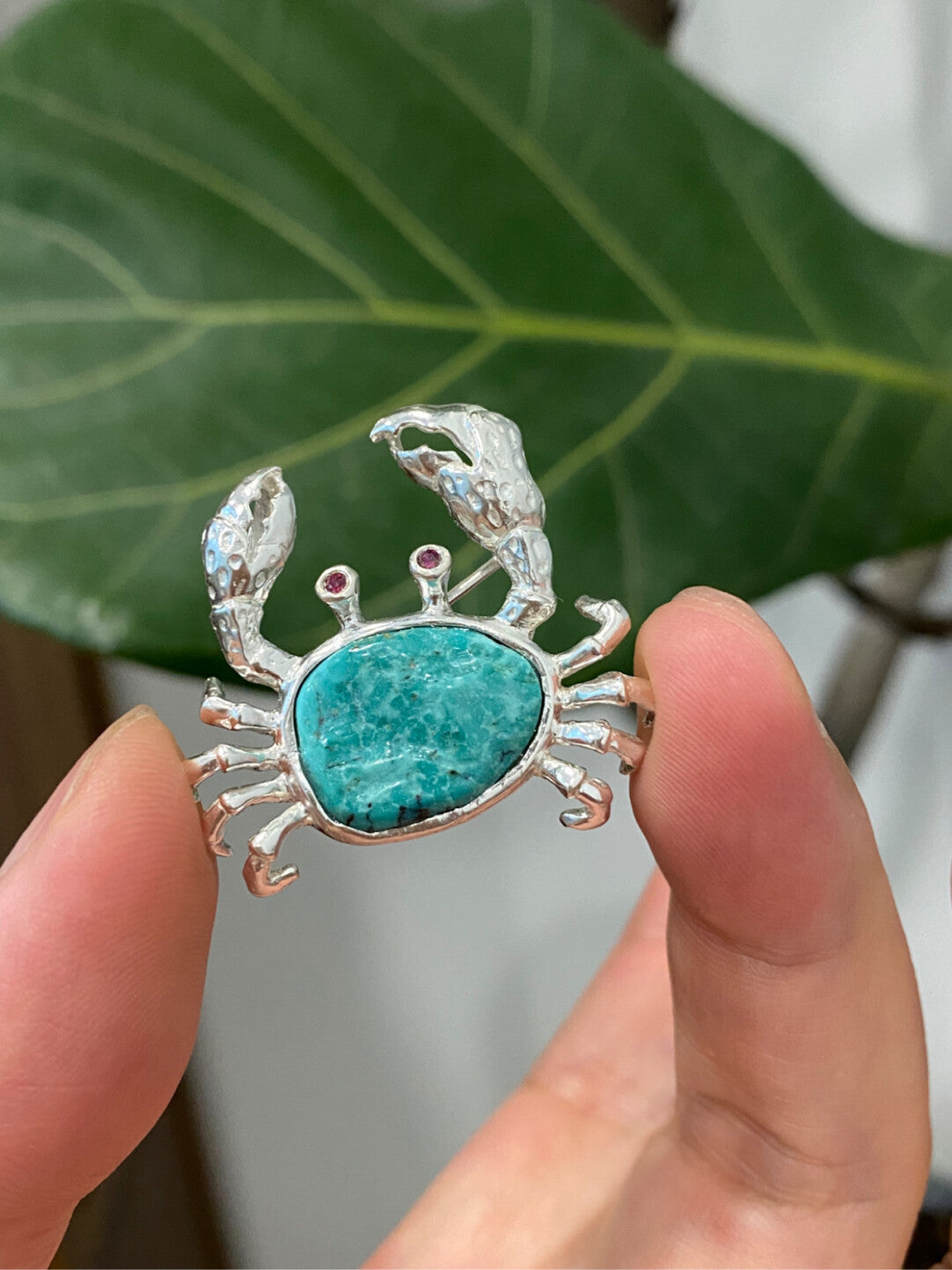 Sterling Silver Natural Turquoise Mozambique Ruby/Sri Lankan Sapphire Crab Brooch, Pendant(one of a kind piece in the world)