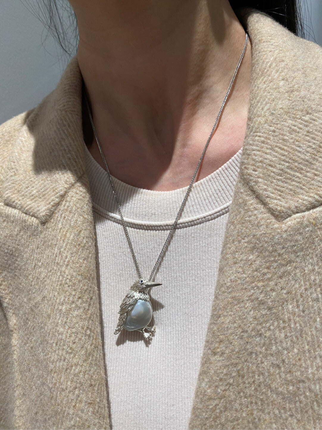 Sterling Silver White Freshwater Baroque Pearl Bird Brooch, Pendant(one of a kind piece in the world)
