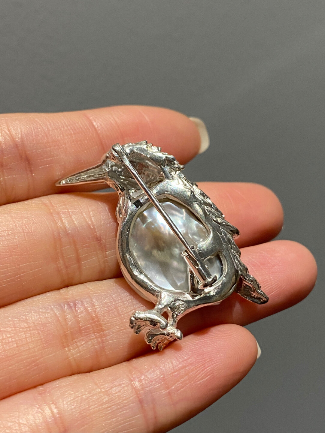 Sterling Silver White Freshwater Baroque Pearl Bird Brooch, Pendant(one of a kind piece in the world)