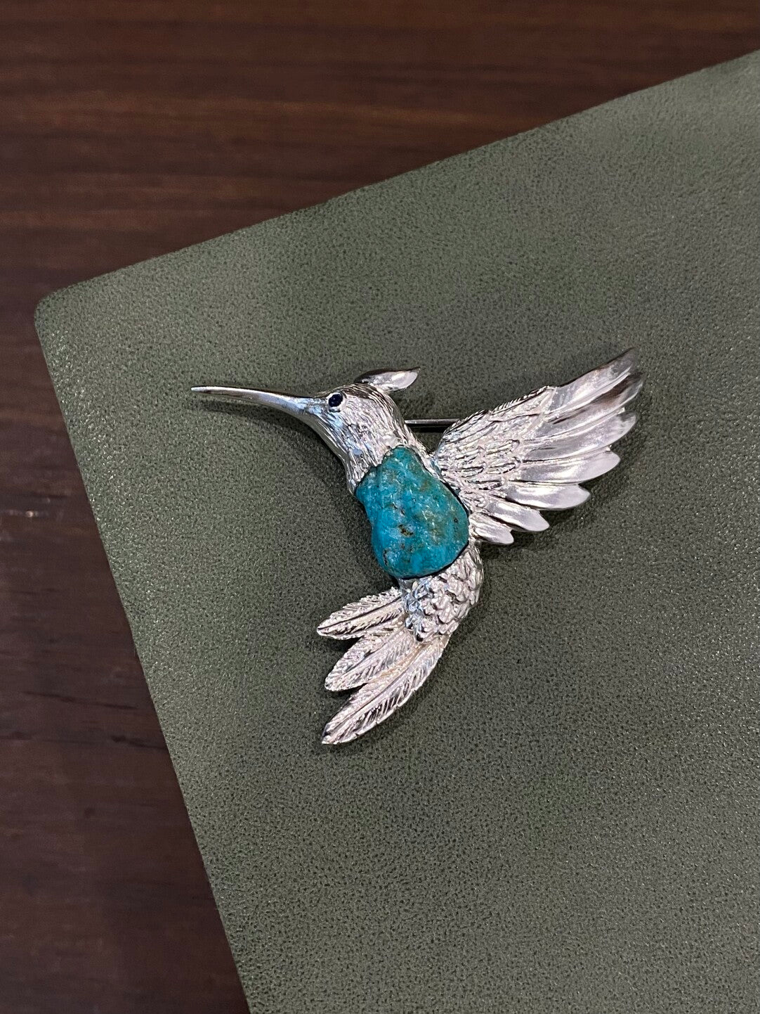 Sterling Silver Natural Turquoise Sri Lankan Sapphire Hummingbird Brooch, Pendant(one of a kind piece in the world)
