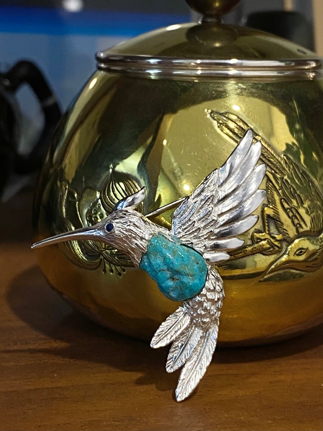 Sterling Silver Natural Turquoise Sri Lankan Sapphire Hummingbird Brooch, Pendant(one of a kind piece in the world)