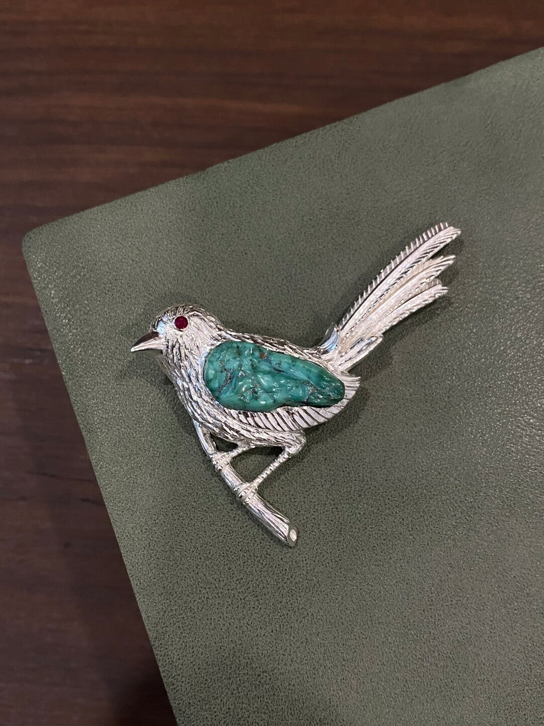 Sterling Silver Natural Turquoise Mozambique Ruby Magpie Brooch, Pendant(one of a kind piece in the world)