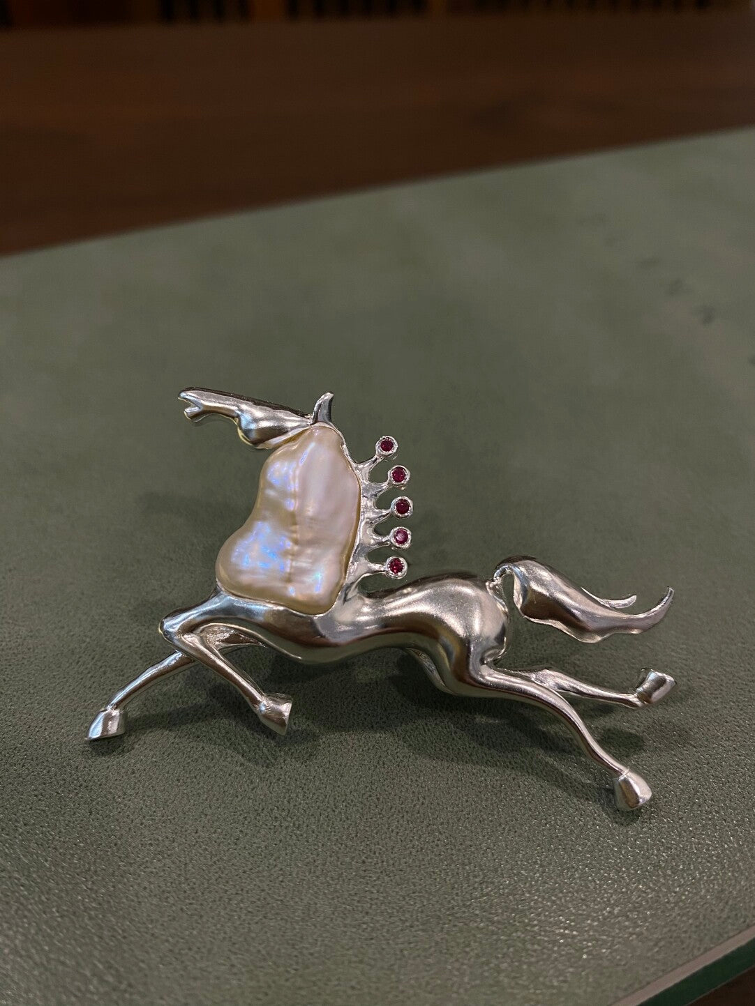 Sterling Silver White Freshwater Baroque Pearl Mozambique Ruby Horse Brooch, Pendant(one of a kind piece in the world)