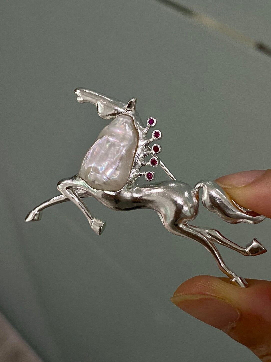 Sterling Silver White Freshwater Baroque Pearl Mozambique Ruby Horse Brooch, Pendant(one of a kind piece in the world)