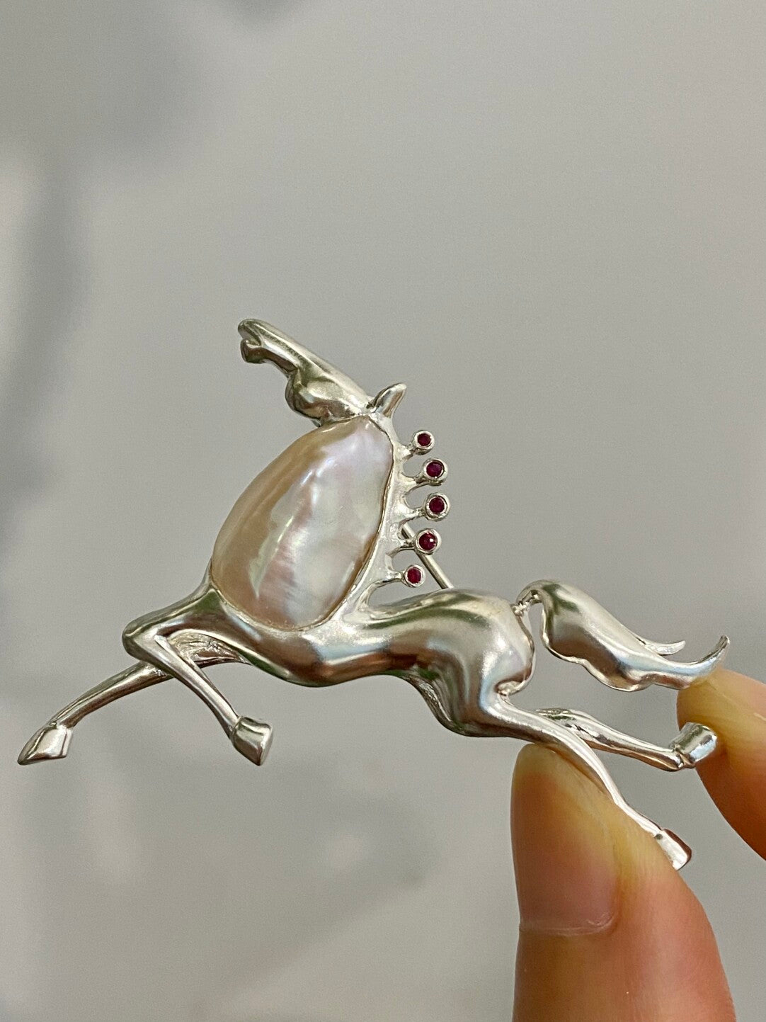 Sterling Silver White Freshwater Baroque Pearl Mozambique Ruby Horse Brooch, Pendant(one of a kind piece in the world)