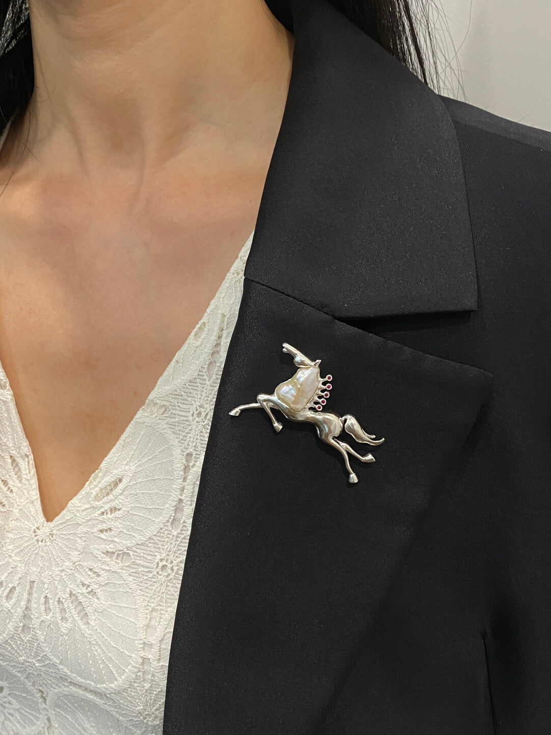 Sterling Silver White Freshwater Baroque Pearl Mozambique Ruby Horse Brooch, Pendant(one of a kind piece in the world)