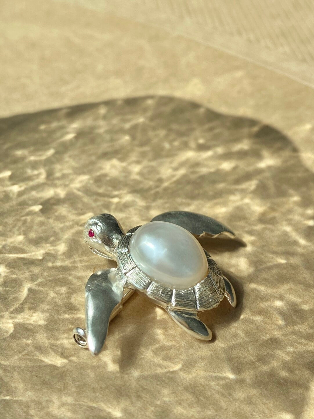 Sterling Silver White Freshwater Baroque Pearl Mozambique Ruby Turtle Brooch, Pendant(one of a kind piece in the world)