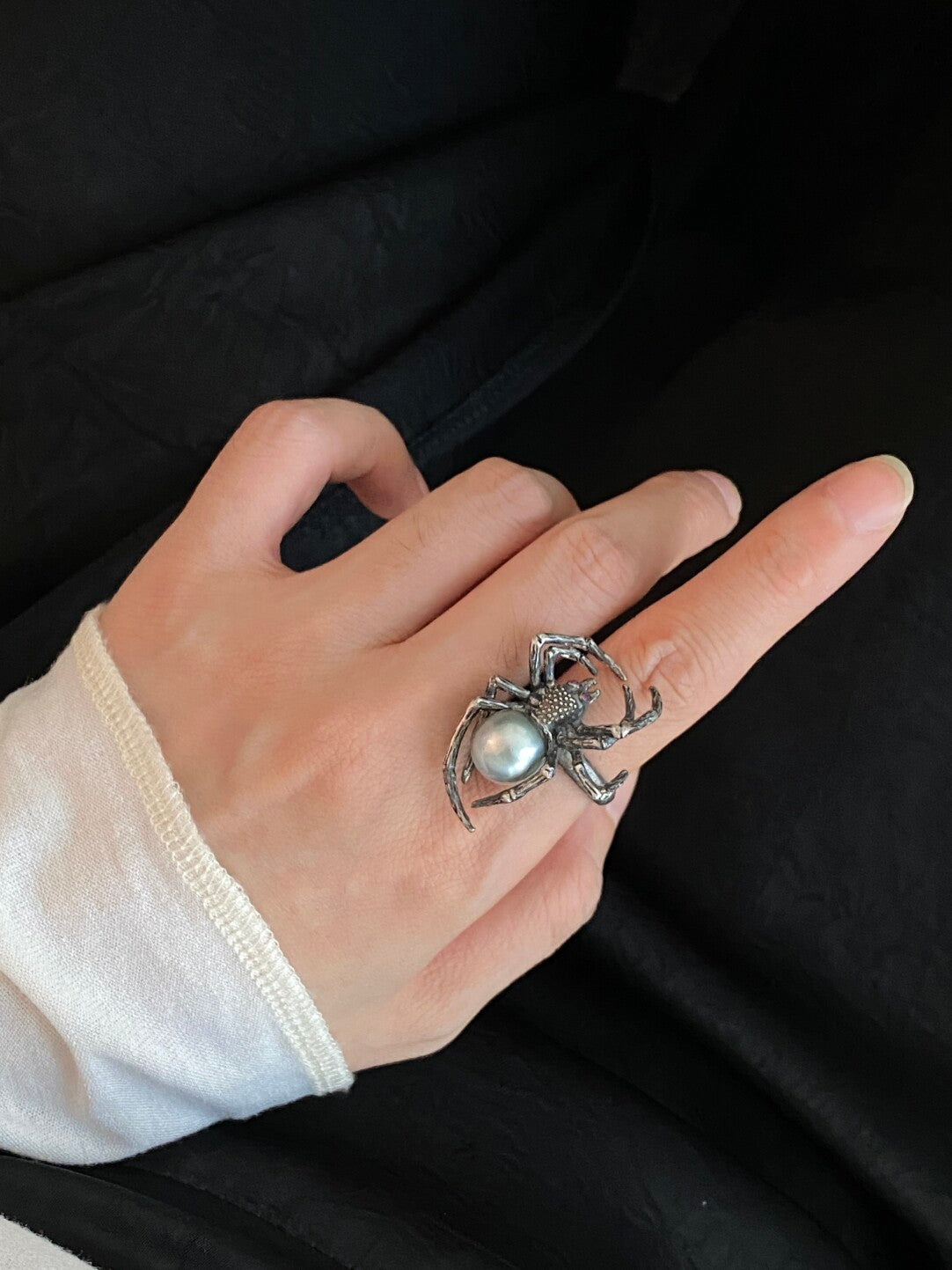 Sterling Silver Black Seawater Pearl Spider Ring(one of a kind piece in the world)