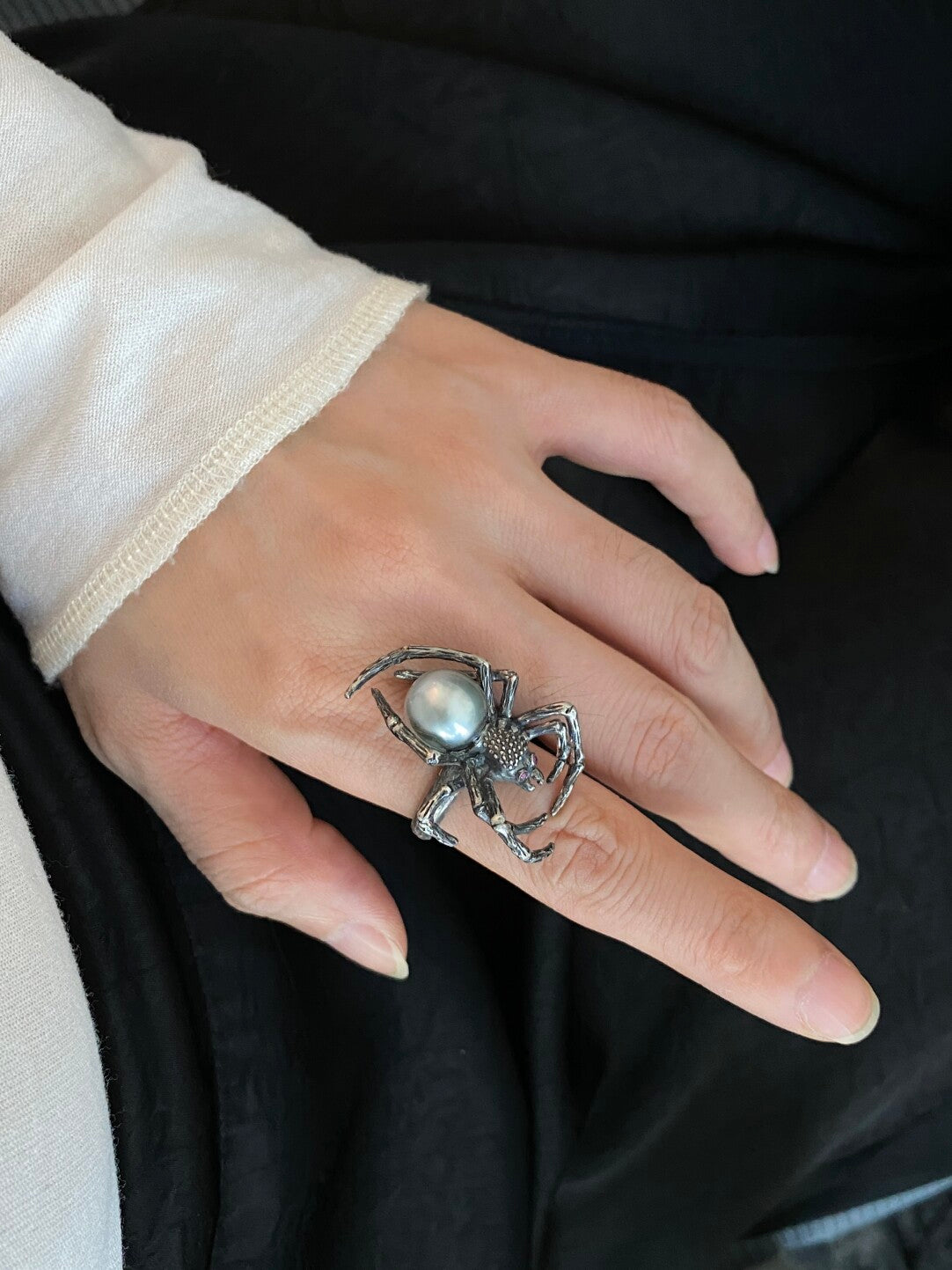 Sterling Silver Black Seawater Pearl Spider Ring(one of a kind piece in the world)