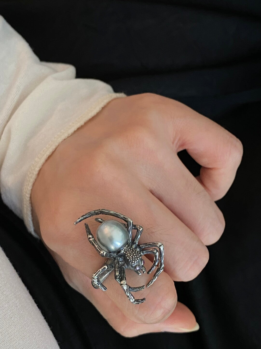 Sterling Silver Black Seawater Pearl Spider Ring(one of a kind piece in the world)