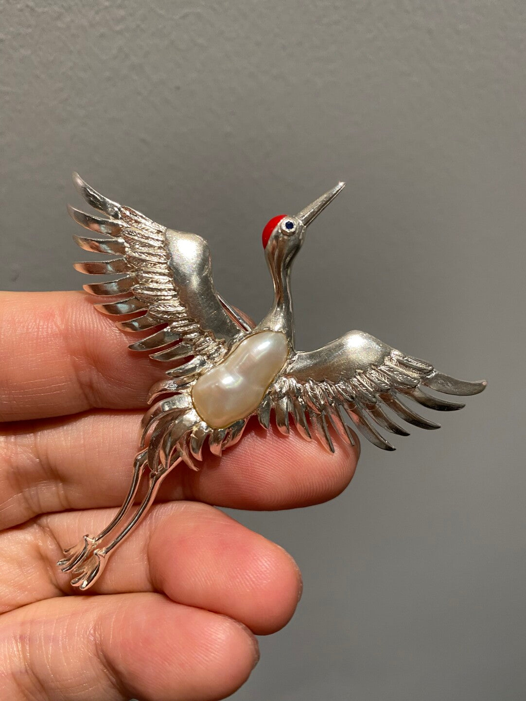 Sterling Silver White Freshwater Baroque Pearl Sri Lanka Sapphire Crane Brooch, Pendant(one of a kind piece in the world)