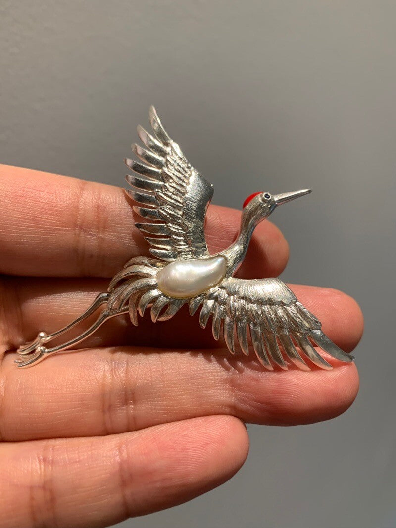 Sterling Silver White Freshwater Baroque Pearl Sri Lanka Sapphire Crane Brooch, Pendant(one of a kind piece in the world)