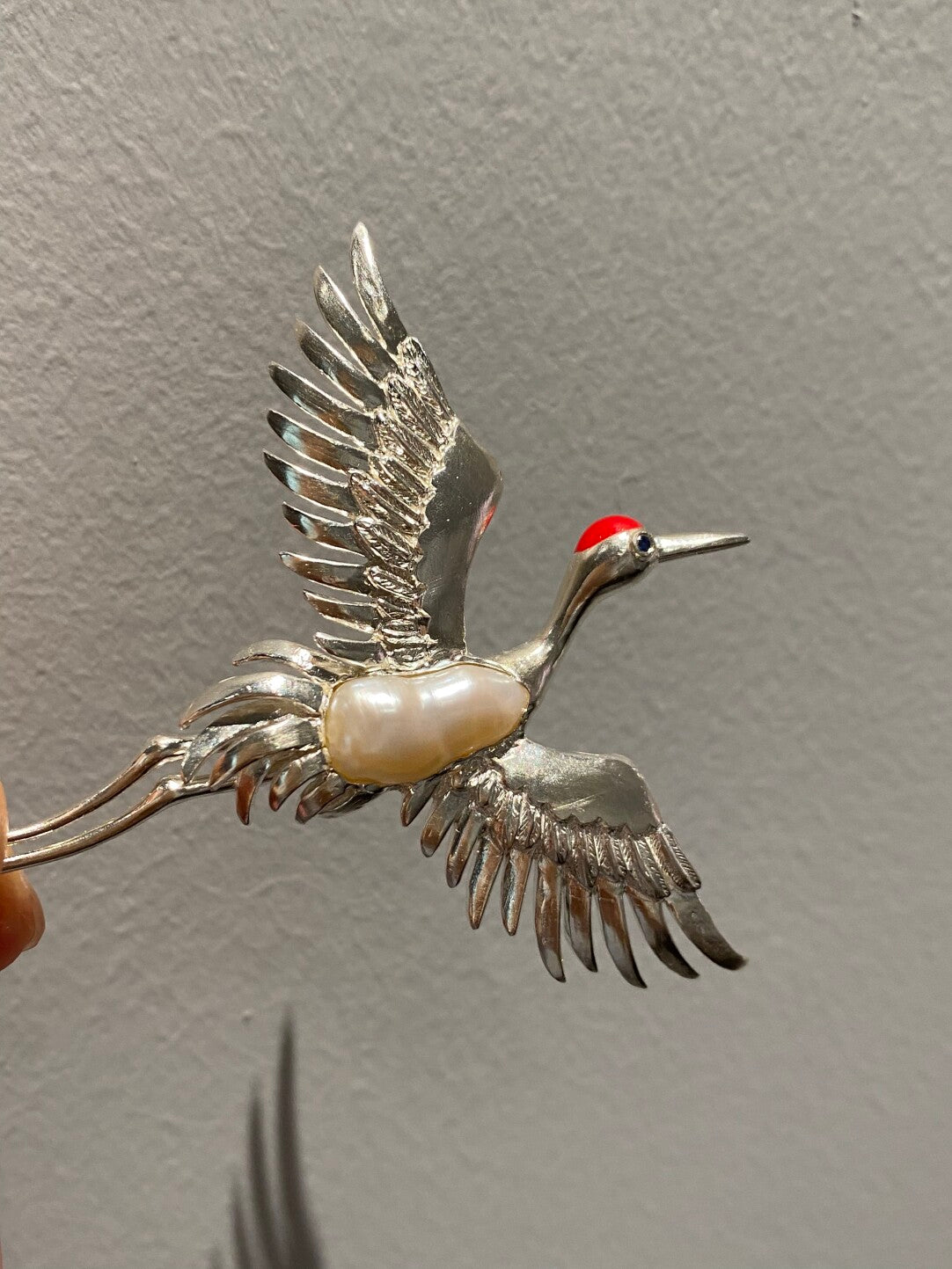 Sterling Silver White Freshwater Baroque Pearl Sri Lanka Sapphire Crane Brooch, Pendant(one of a kind piece in the world)