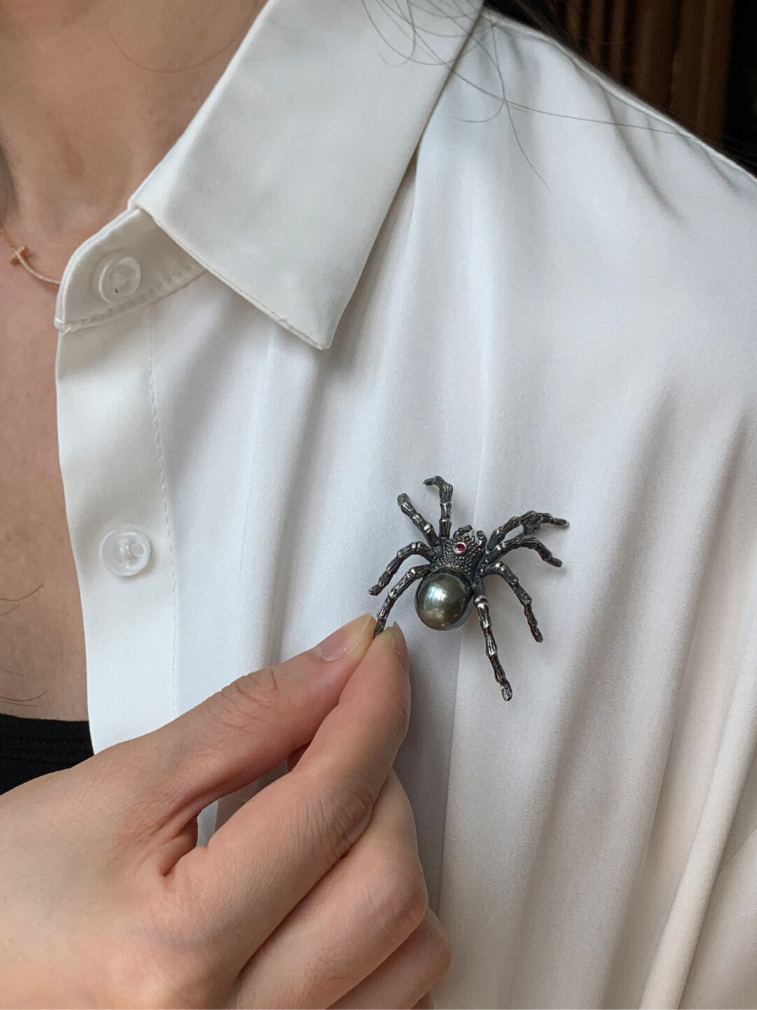 Sterling Silver Black Seawater Pearl Spider Brooch, Pendant(one of a kind piece in the world)