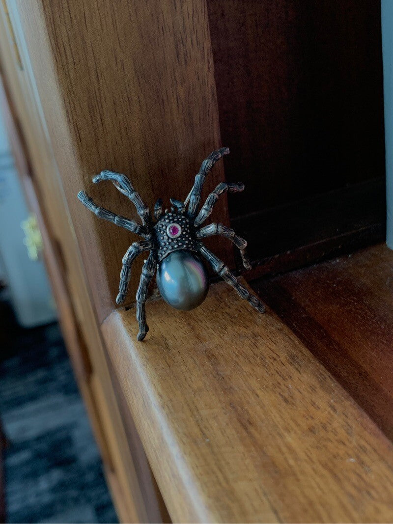 Sterling Silver Black Seawater Pearl Spider Brooch, Pendant(one of a kind piece in the world)