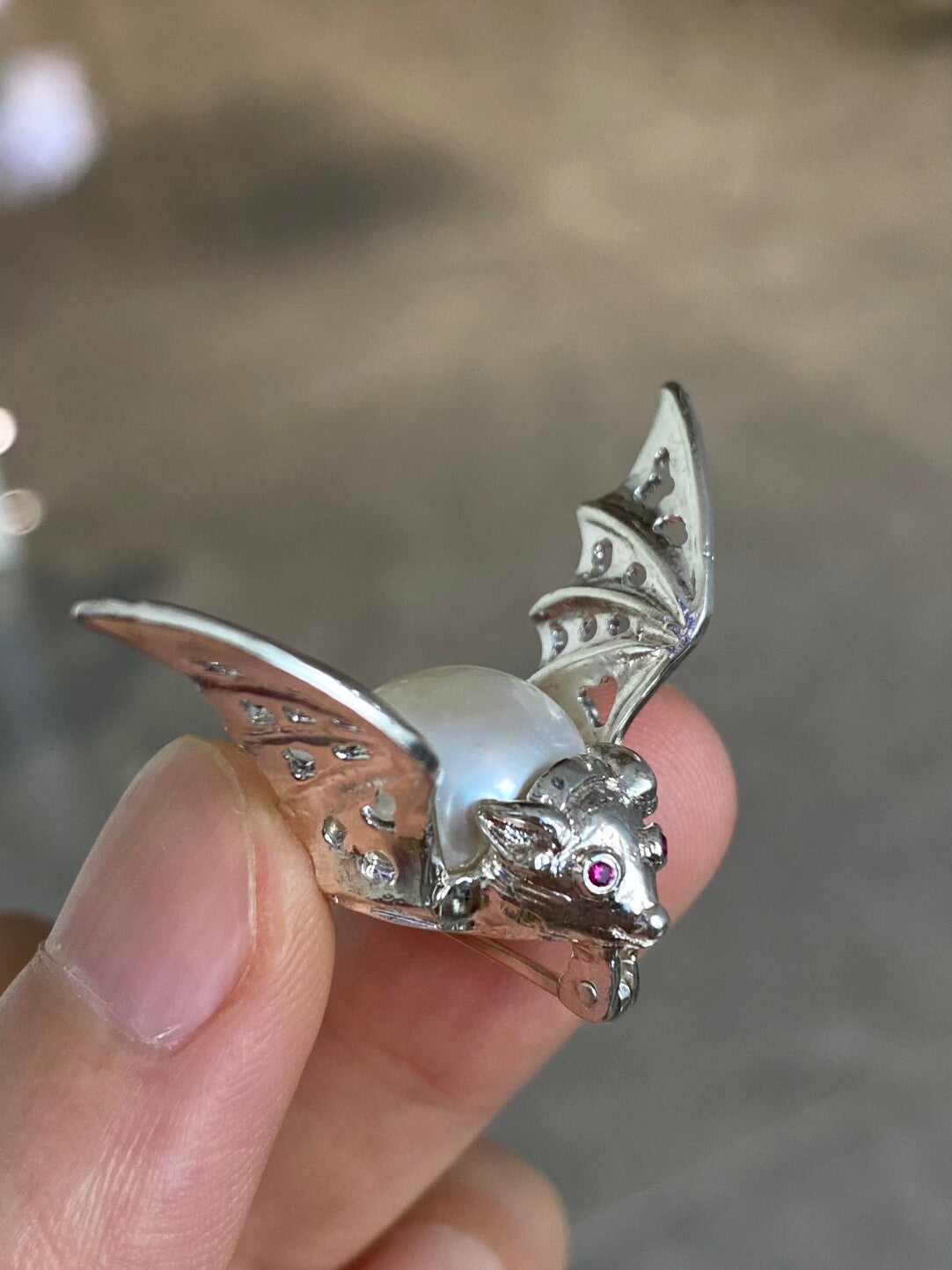 Sterling Silver White Freshwater Baroque Pearl Mozambique Ruby Bat Brooch, Pendant(one of a kind piece in the world)