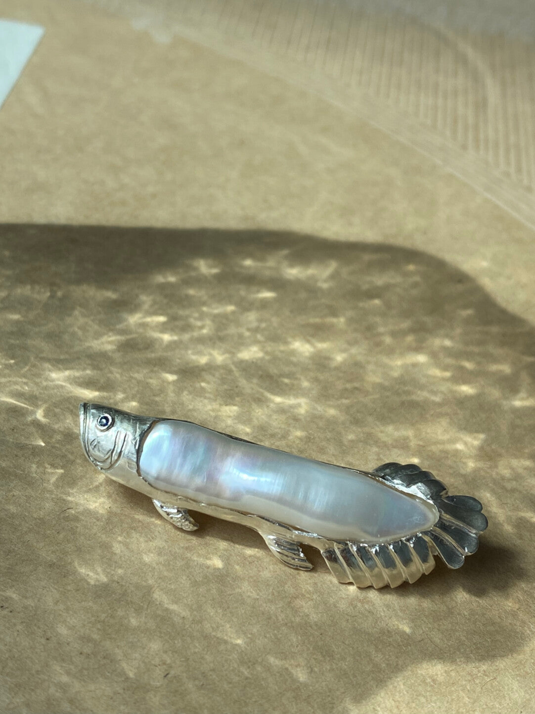 Sterling Silver White Freshwater Baroque Pearl Sri Lanka Sapphire Arowana Fish Brooch, Pendant(one of a kind piece in the world)
