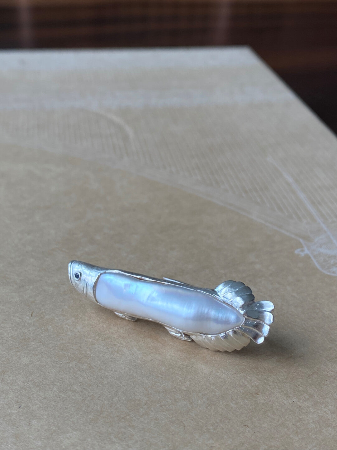 Sterling Silver White Freshwater Baroque Pearl Sri Lanka Sapphire Arowana Fish Brooch, Pendant(one of a kind piece in the world)