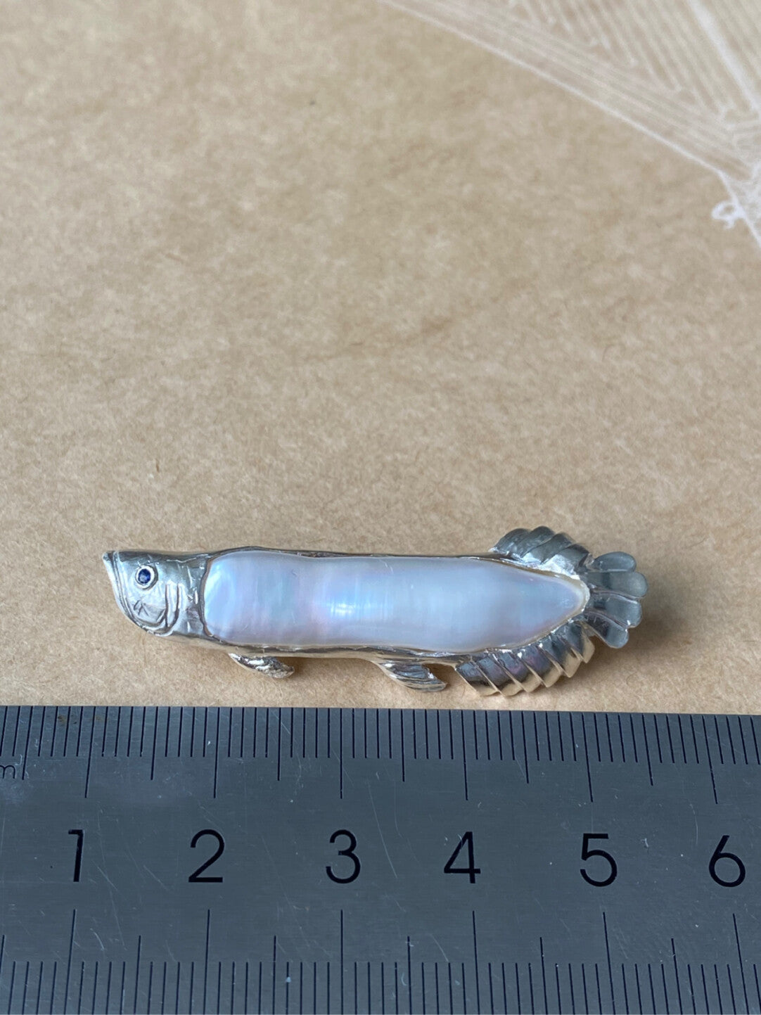 Sterling Silver White Freshwater Baroque Pearl Sri Lanka Sapphire Arowana Fish Brooch, Pendant(one of a kind piece in the world)