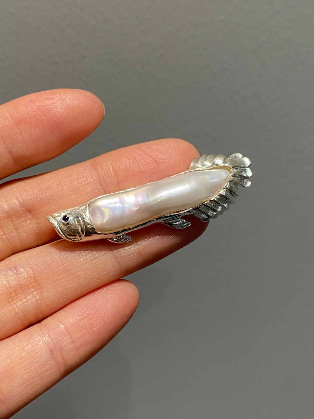 Sterling Silver White Freshwater Baroque Pearl Sri Lanka Sapphire Arowana Fish Brooch, Pendant(one of a kind piece in the world)
