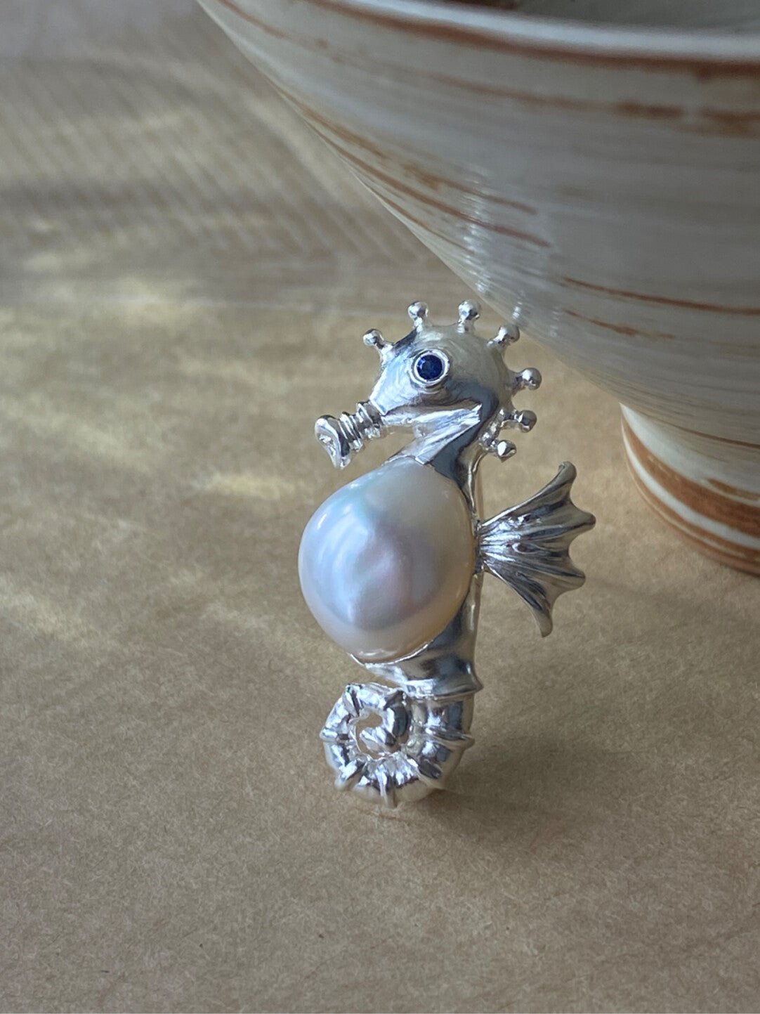 Sterling Silver White Freshwater Baroque Pearl Sri Lanka Sapphire Sea Horse Brooch, Pendant(one of a kind piece in the world)