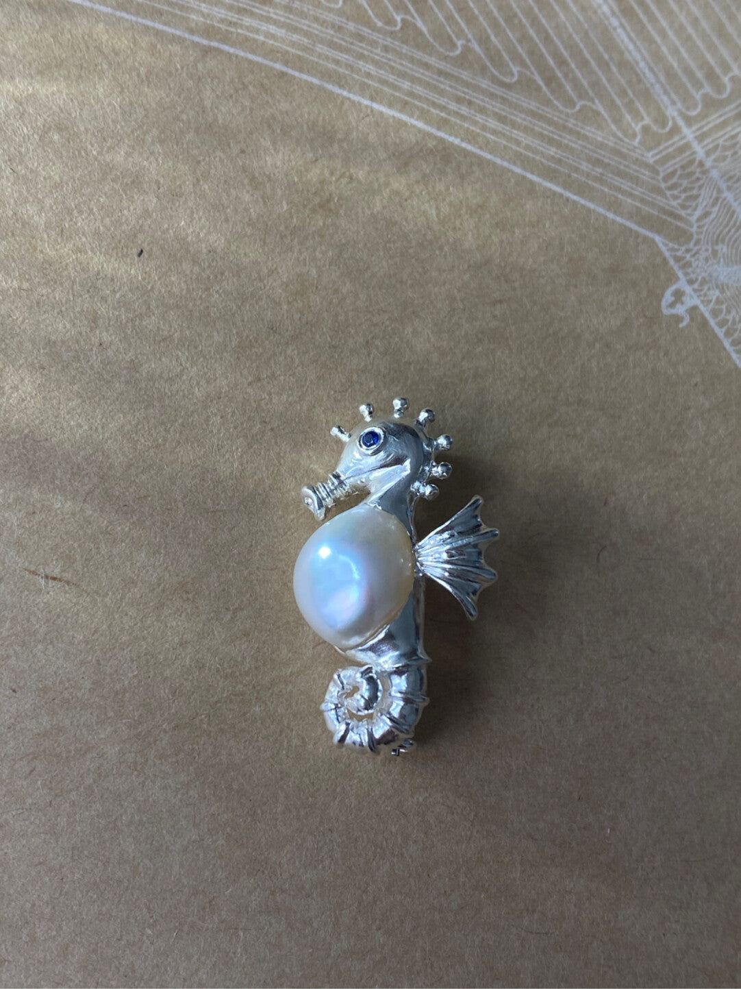 Sterling Silver White Freshwater Baroque Pearl Sri Lanka Sapphire Sea Horse Brooch, Pendant(one of a kind piece in the world)