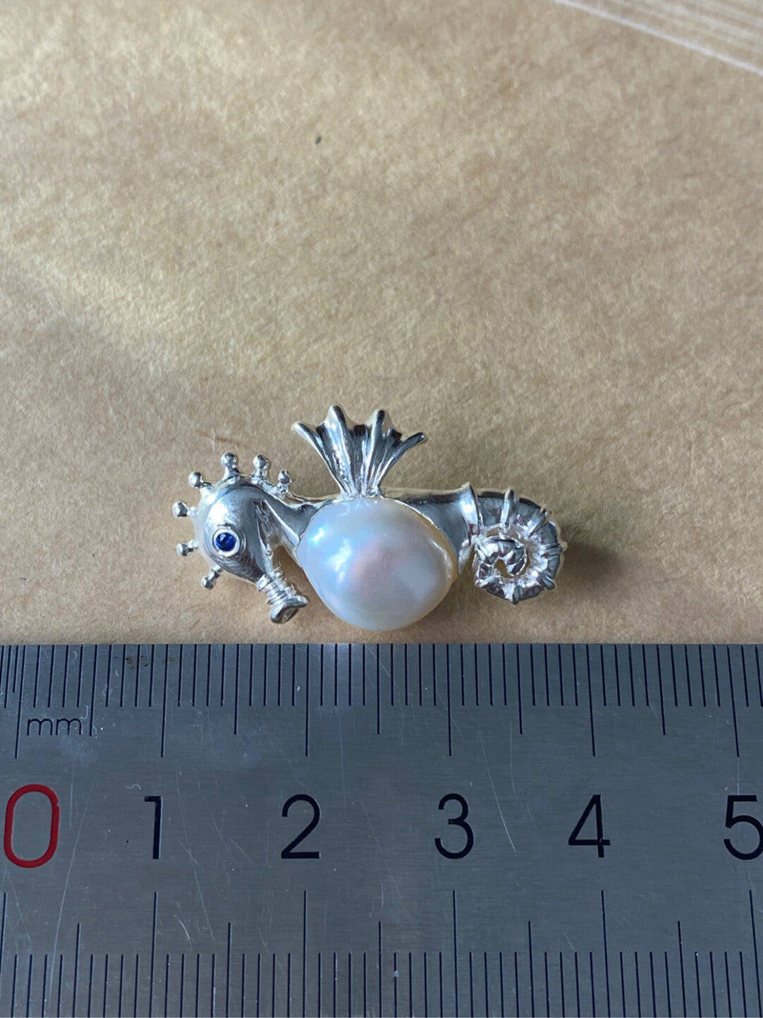 Sterling Silver White Freshwater Baroque Pearl Sri Lanka Sapphire Sea Horse Brooch, Pendant(one of a kind piece in the world)