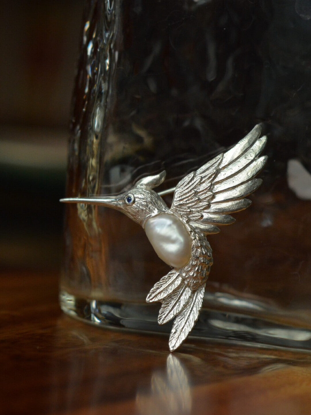 Sterling Silver White Freshwater Baroque Pearl Sri Lanka Sapphire Hummingbird Brooch, Pendant(one of a kind piece in the world)