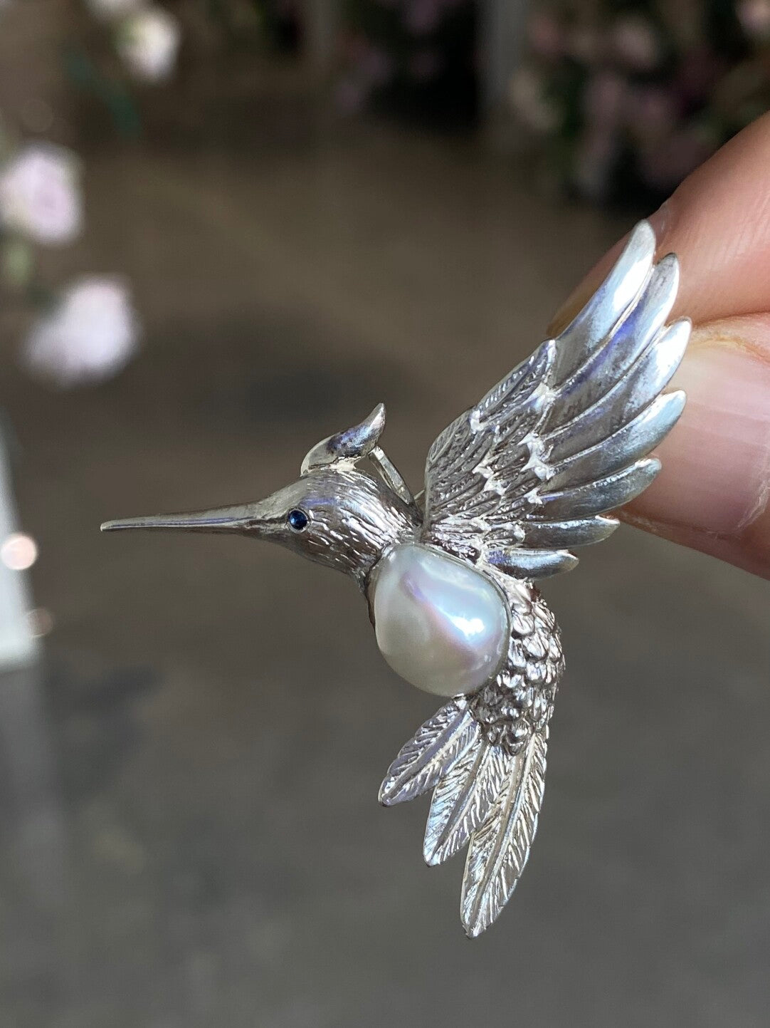 Sterling Silver White Freshwater Baroque Pearl Sri Lanka Sapphire Hummingbird Brooch, Pendant(one of a kind piece in the world)