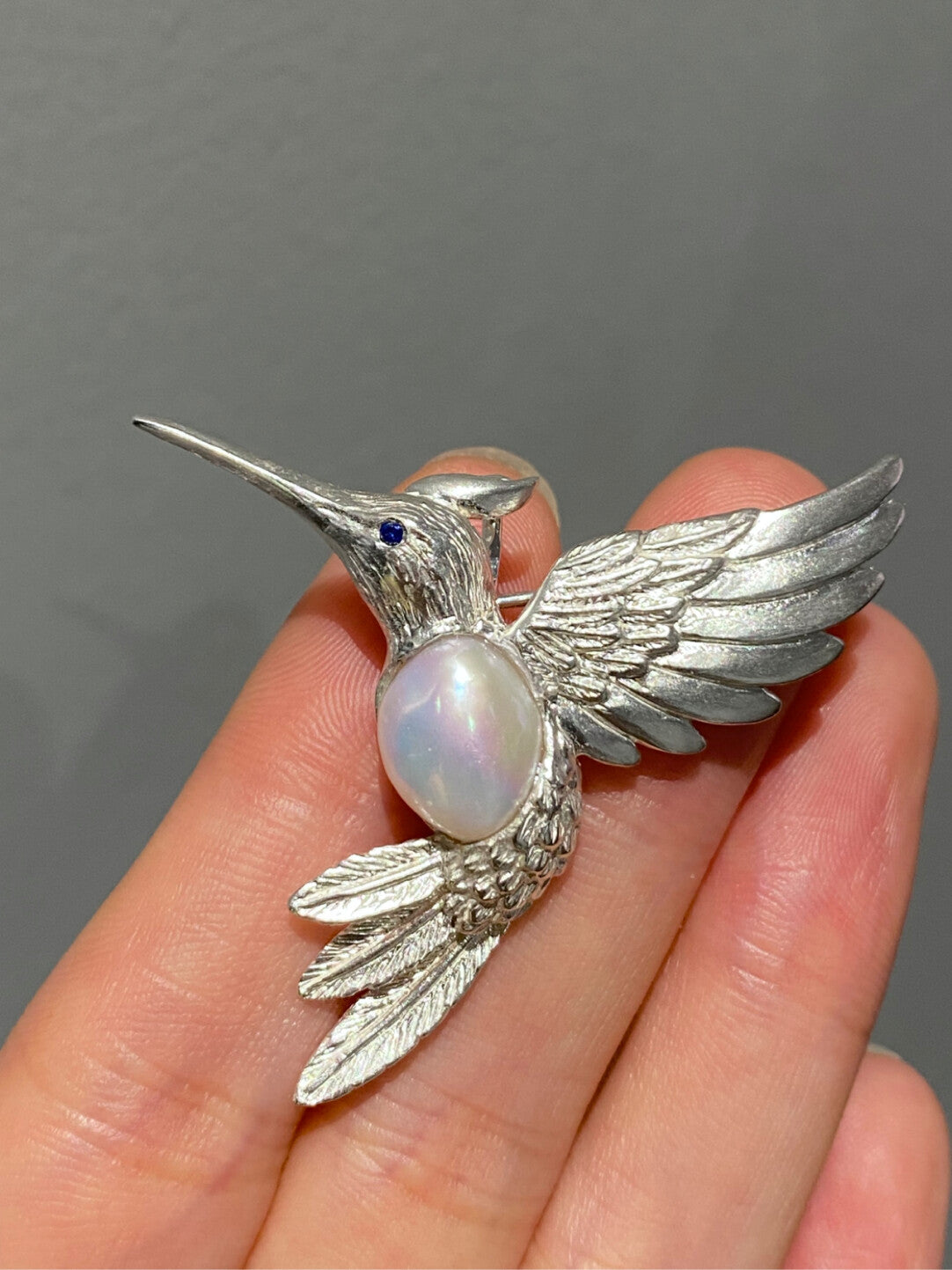 Sterling Silver White Freshwater Baroque Pearl Sri Lanka Sapphire Hummingbird Brooch, Pendant(one of a kind piece in the world)