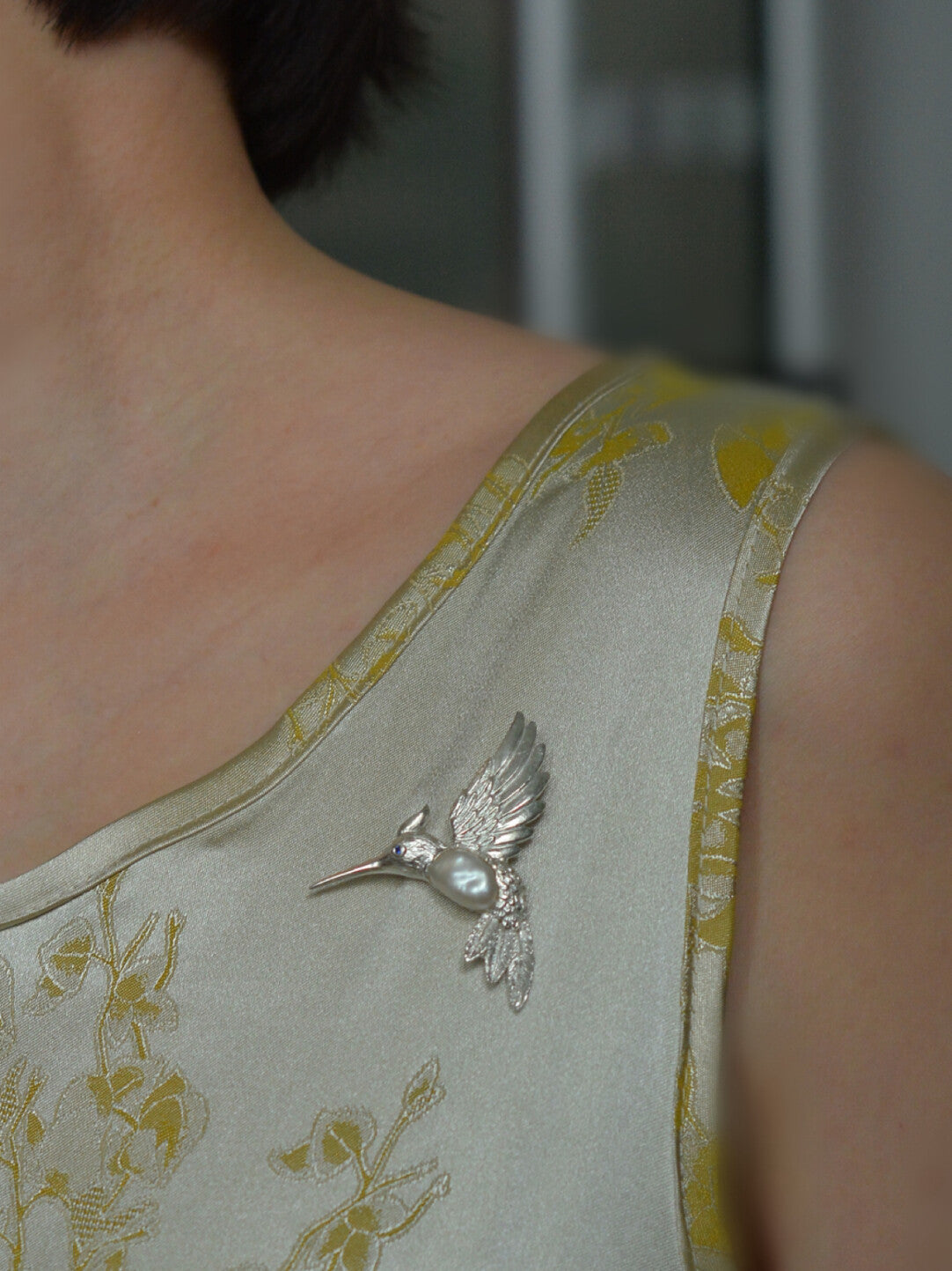 Sterling Silver White Freshwater Baroque Pearl Sri Lanka Sapphire Hummingbird Brooch, Pendant(one of a kind piece in the world)