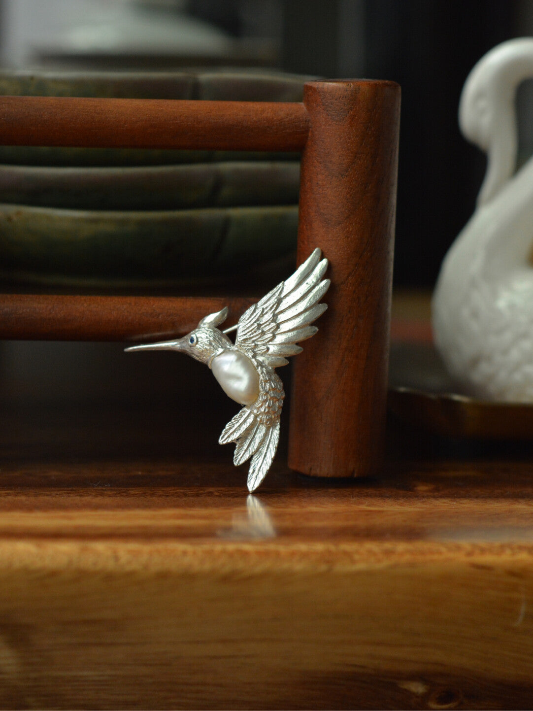 Sterling Silver White Freshwater Baroque Pearl Sri Lanka Sapphire Hummingbird Brooch, Pendant(one of a kind piece in the world)