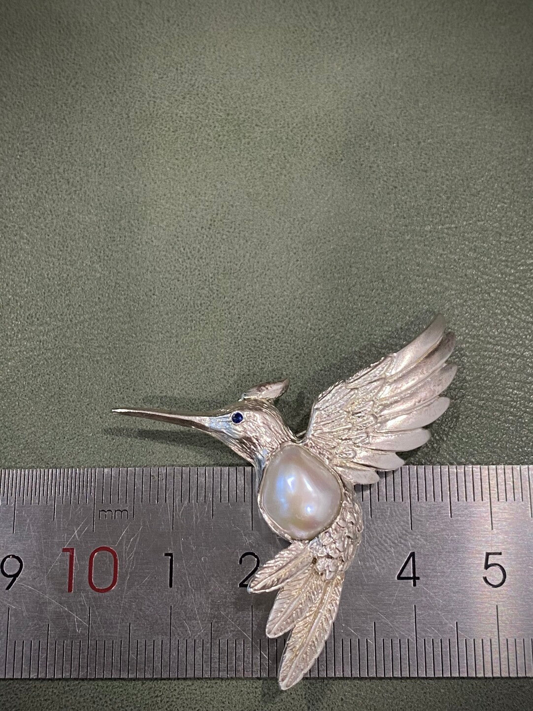 Sterling Silver White Freshwater Baroque Pearl Sri Lanka Sapphire Hummingbird Brooch, Pendant(one of a kind piece in the world)