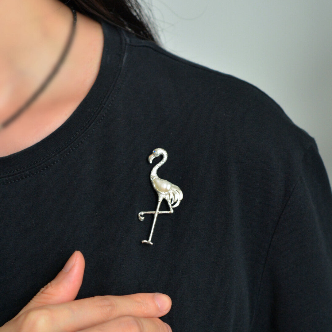 Sterling Silver White Baroque Pearl Sri Lankan Sapphire Flamingo Brooch, Pendant