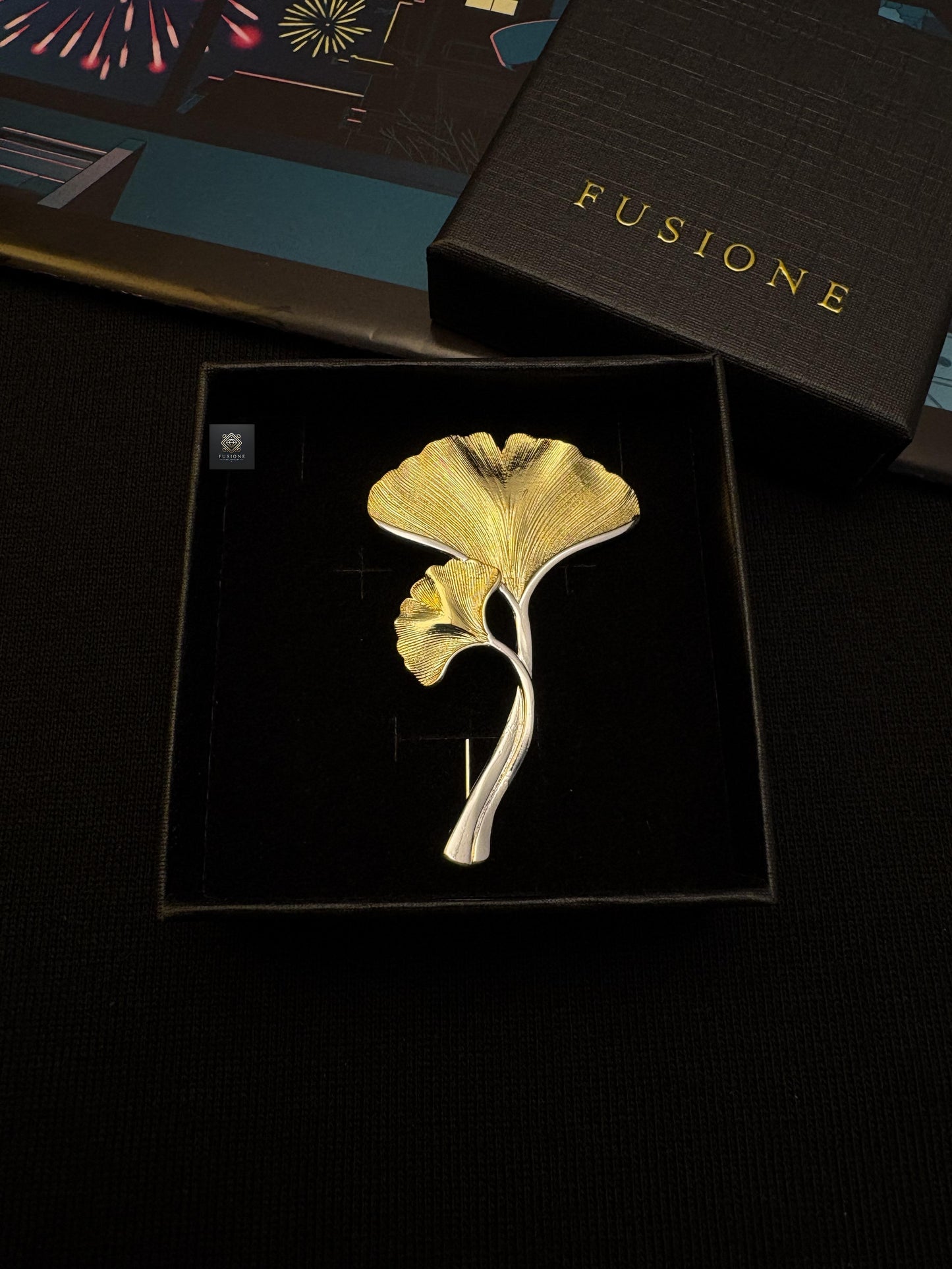 Gold/Silver ginkgo brooch pendant